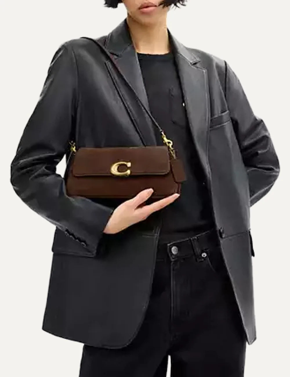Coach women brown suede leather shoulder bag with gold C logo detail