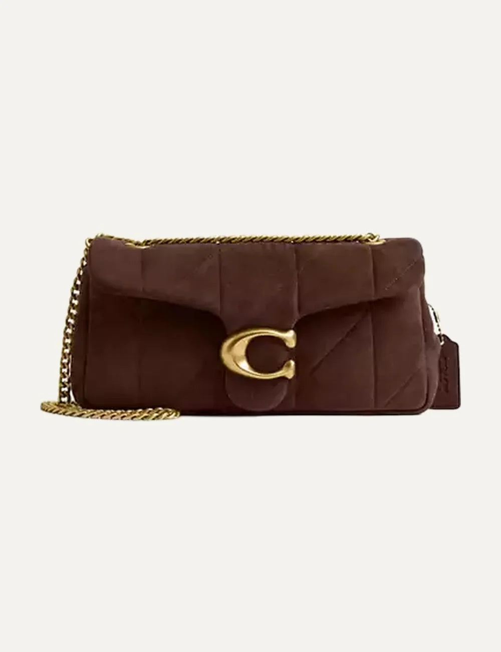 Coach women brown quilted suede shoulder bag with gold chain and C logo