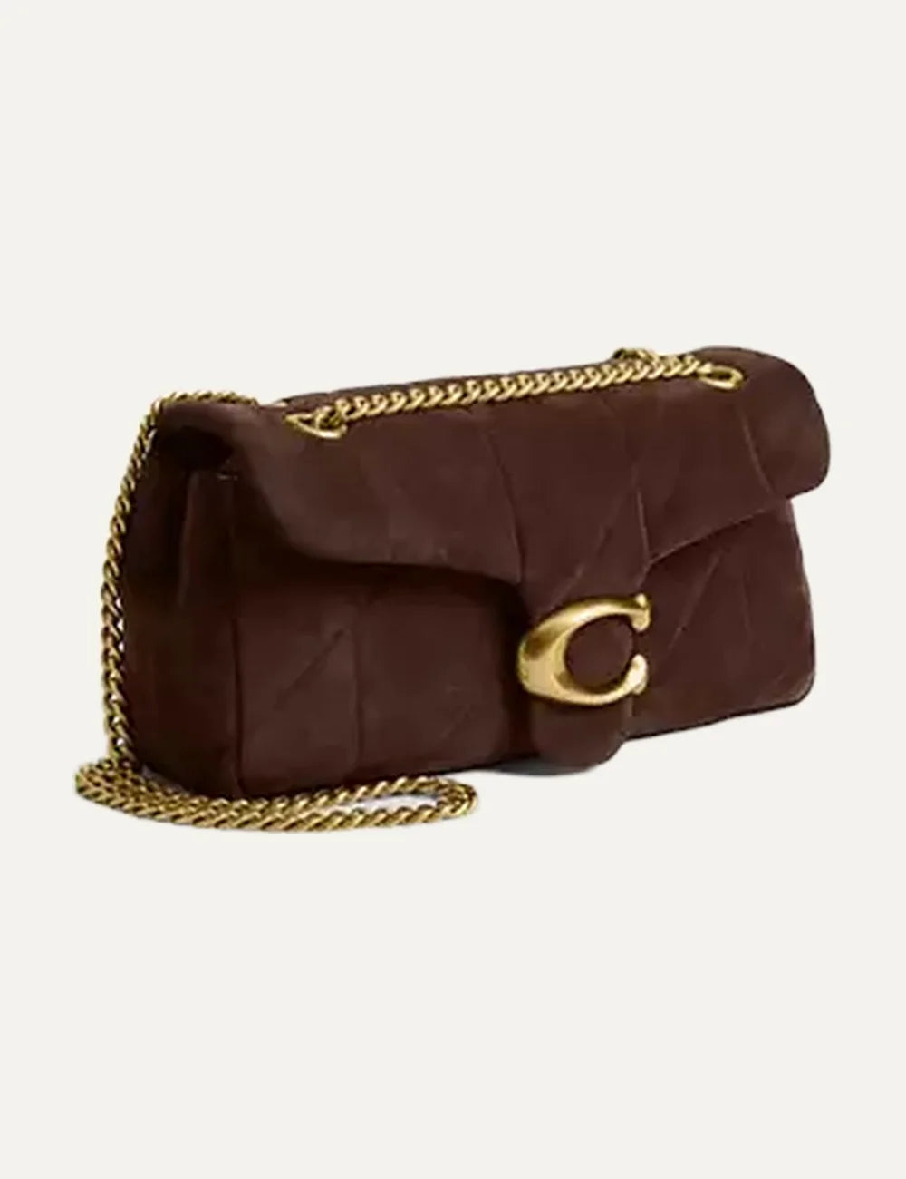 Coach women brown quilted suede shoulder bag with gold chain and C logo side