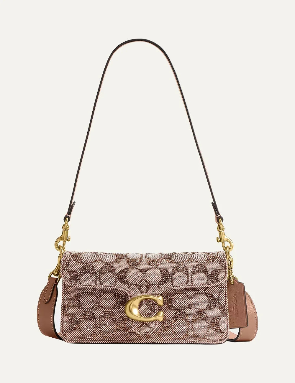 Coach women beige brown Signature jacquard shoulder bag with crystal embellishments and gold C logo