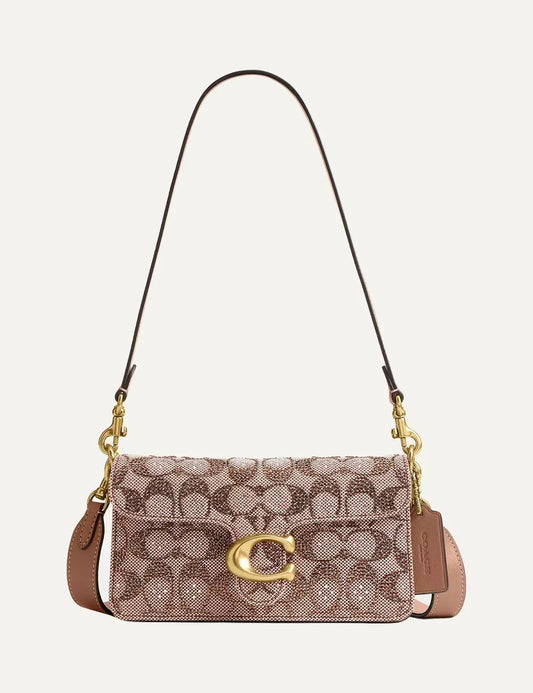 Coach women beige brown Signature jacquard shoulder bag with crystal embellishments and gold C logo
