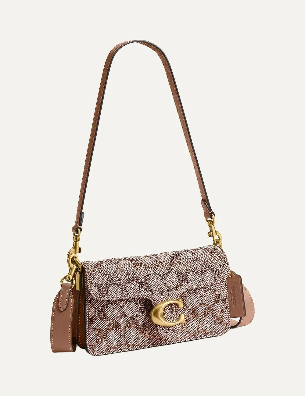 Coach women beige brown Signature jacquard shoulder bag with crystal embellishments and gold C logo side