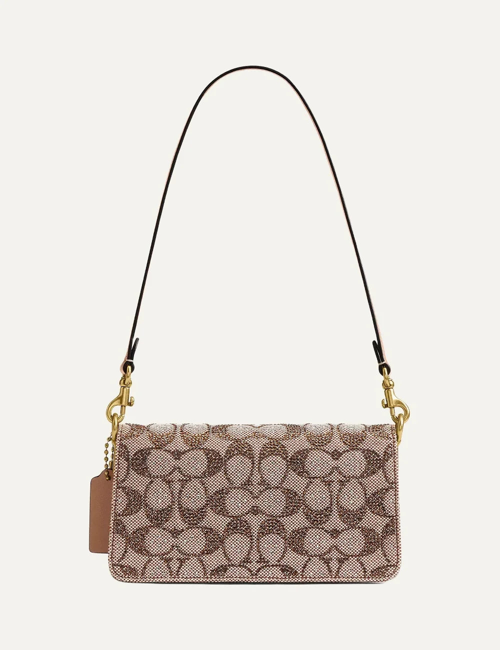Coach women beige brown Signature jacquard shoulder bag with crystal embellishments and gold C logo back