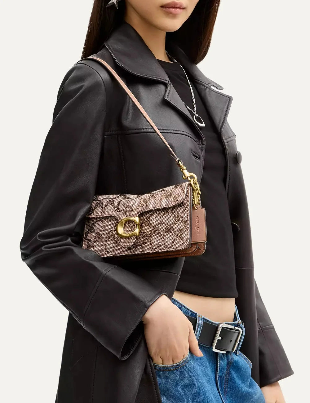 Coach women beige brown Signature jacquard shoulder bag with crystal embellishments and gold C logo model