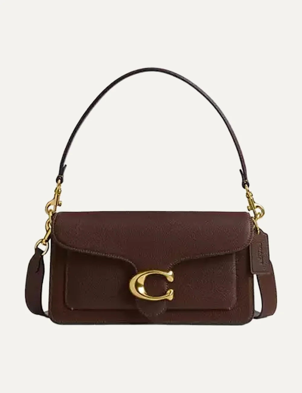 Coach women brown leather shoulder bag with gold C logo and detachable straps