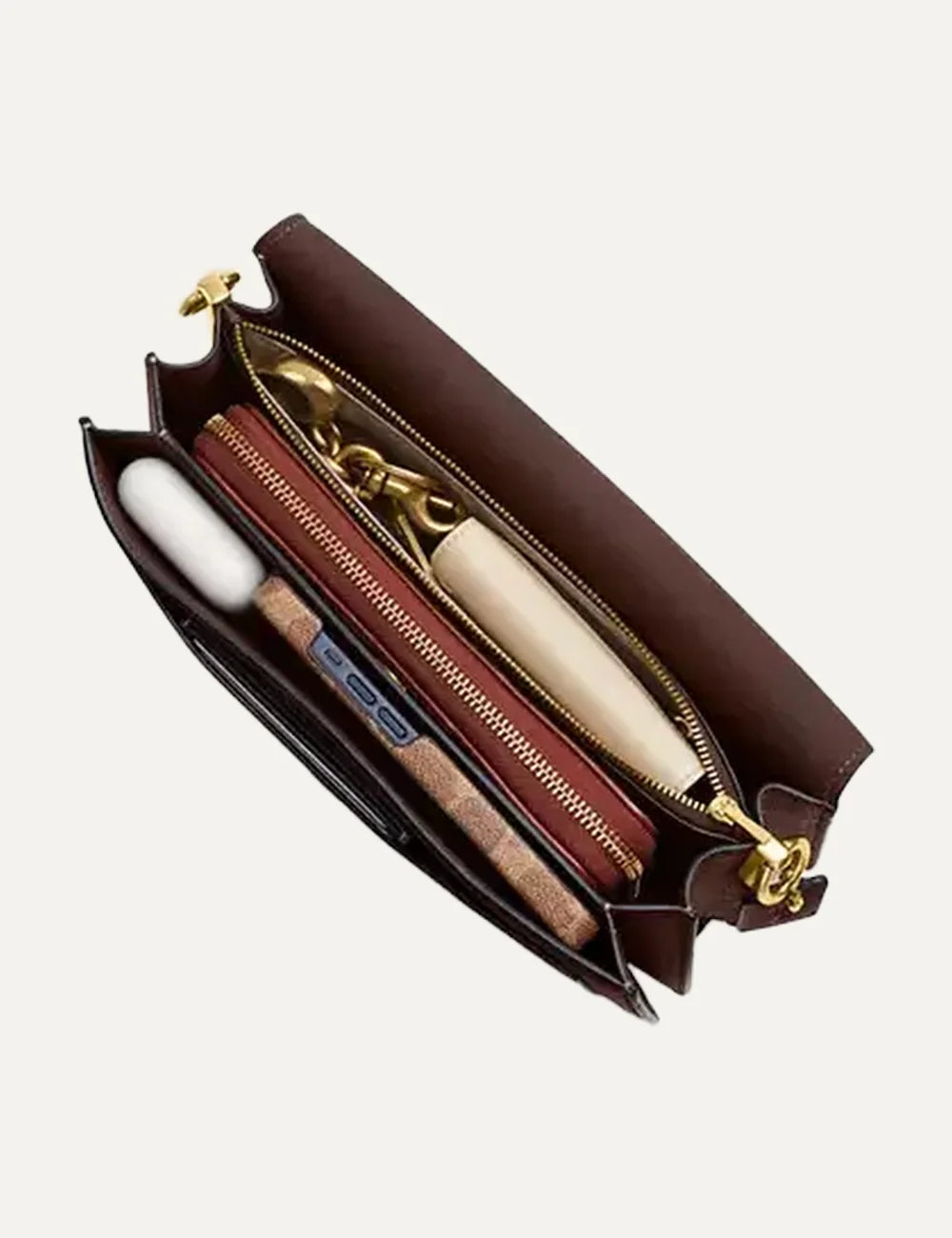 Coach women brown leather shoulder bag with gold C logo and detachable straps top