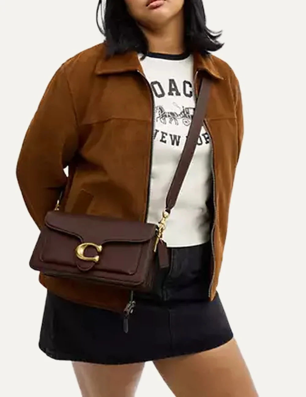 Coach women brown leather shoulder bag with gold C logo and detachable straps model