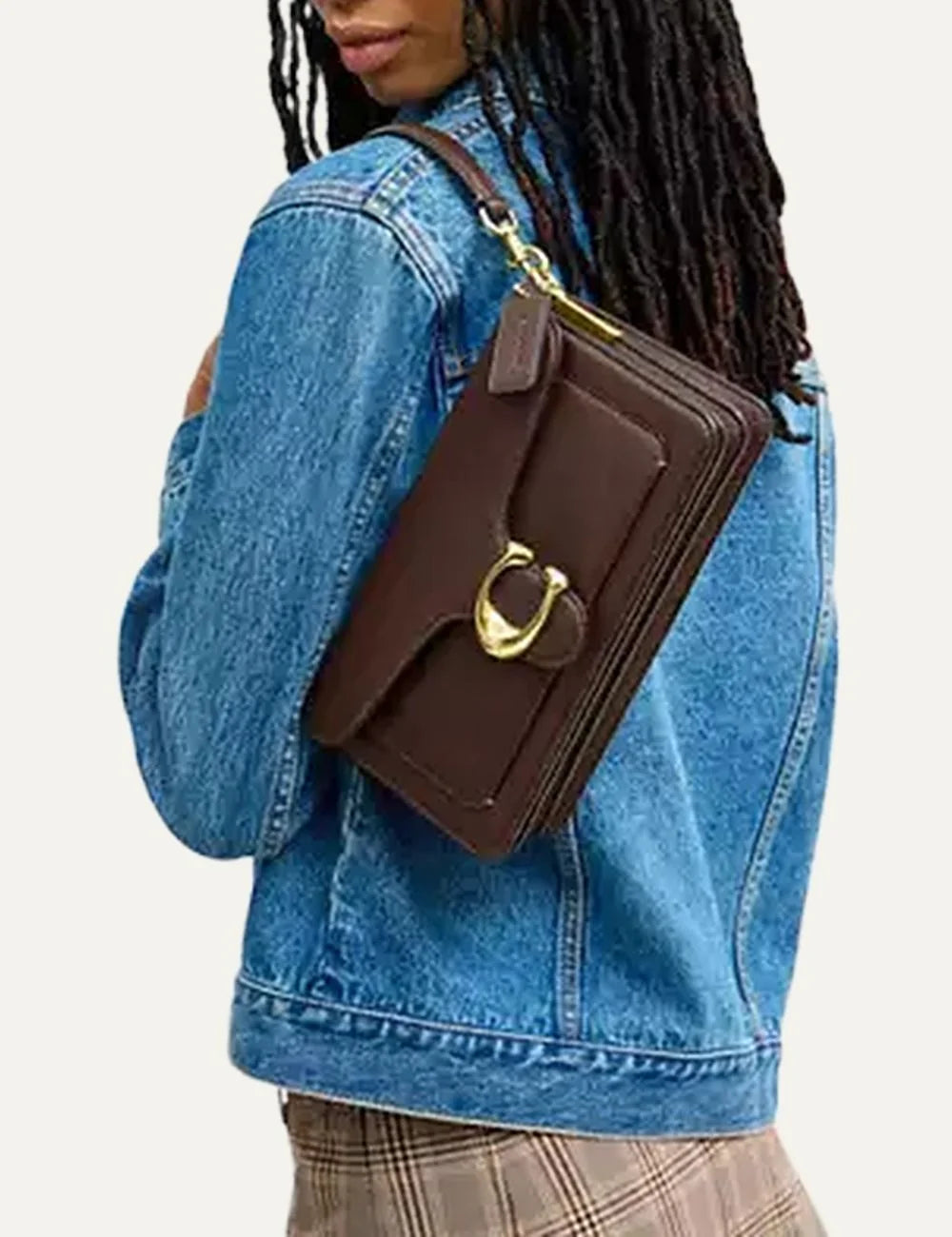 Coach women brown leather shoulder bag with gold C logo and detachable straps detail