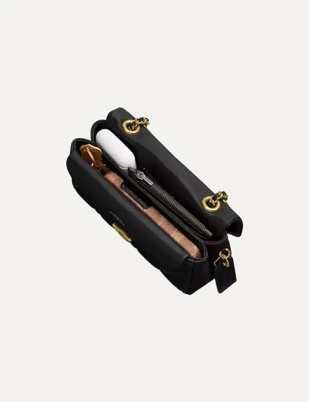 Coach Tabby 20 black quilted nappa leather shoulder bag with gold Signature C hardware and chain strap interior view