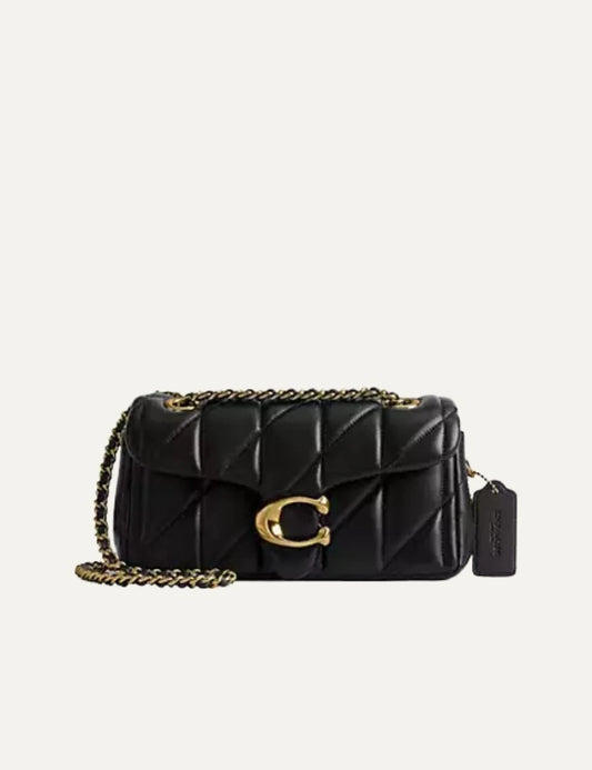 Coach Tabby 20 black quilted nappa leather shoulder bag with gold Signature C hardware and chain strap front view