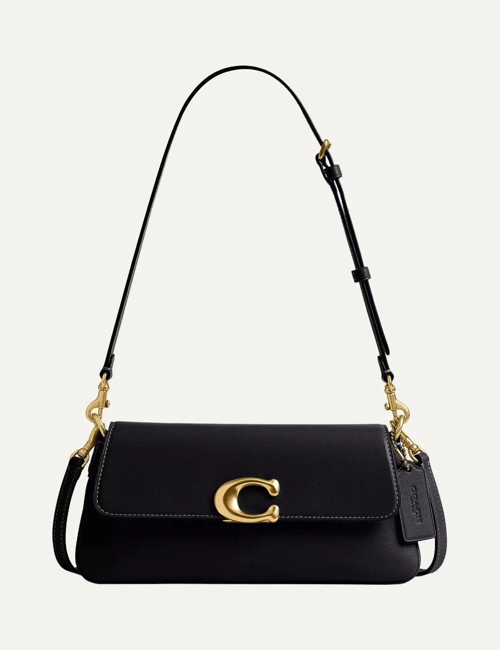 Coach women Jet black refined calf leather shoulder bag with gold Signature C hardware