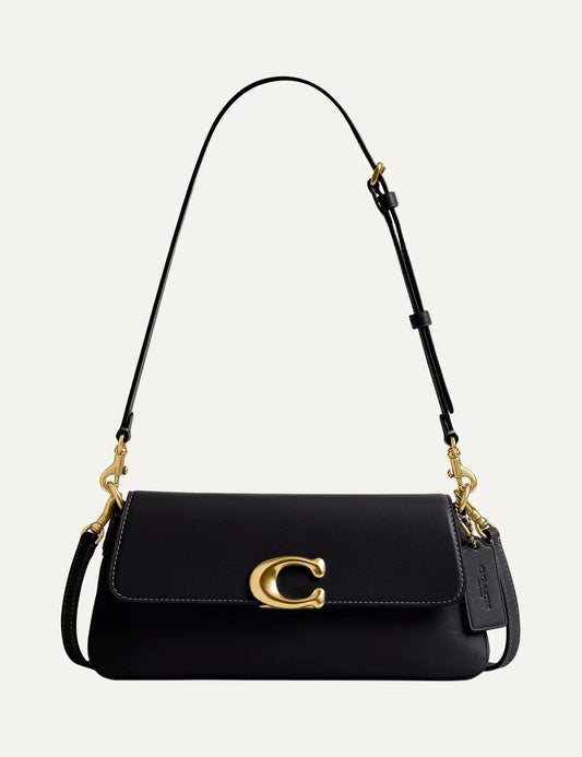 Coach women Jet black refined calf leather shoulder bag with gold Signature C hardware