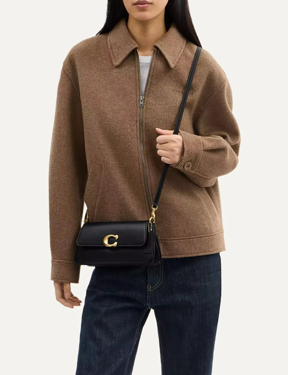 Coach women Jet black refined calf leather shoulder bag with gold Signature C hardware model