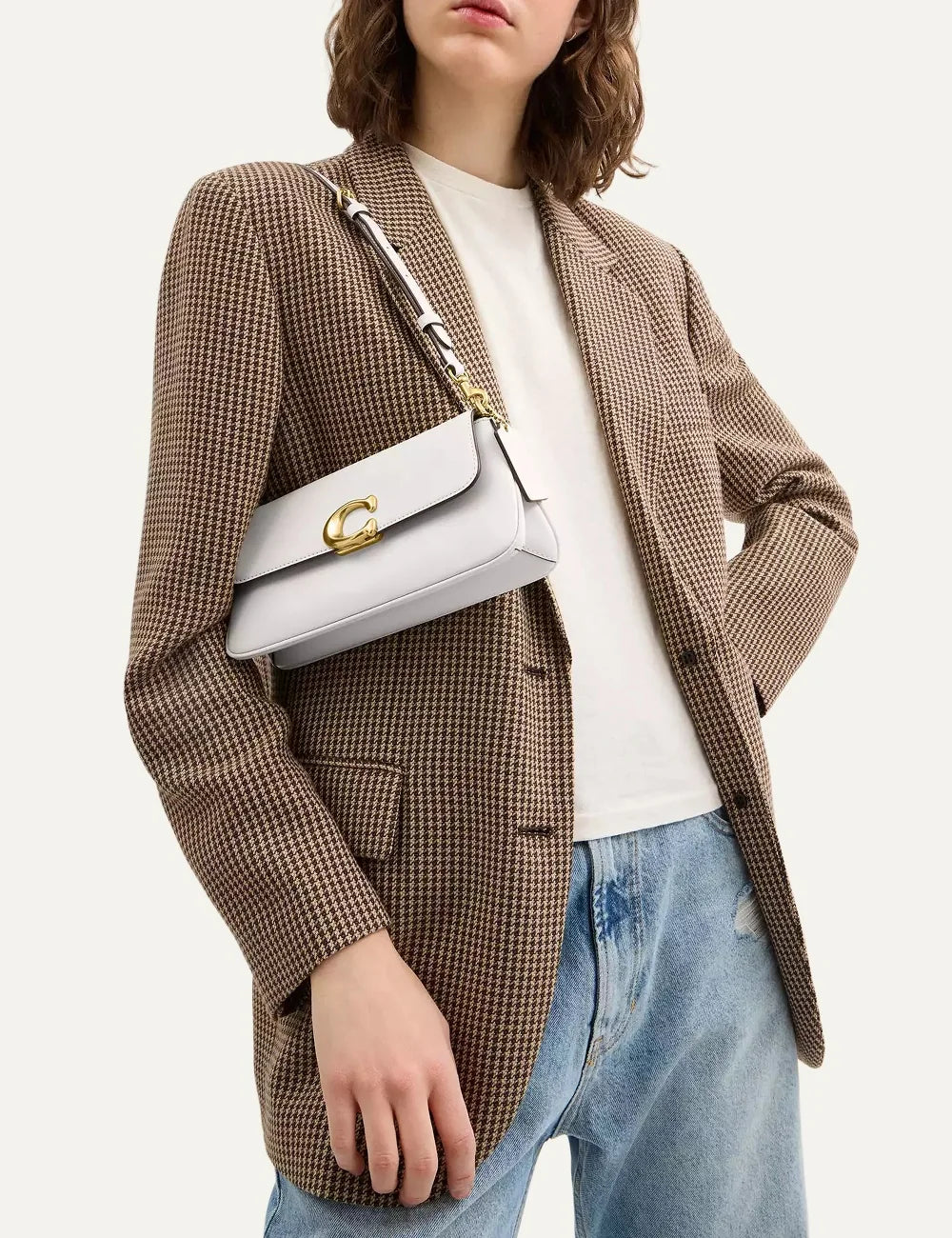 Coach women Jet Chalk refined calf leather shoulder bag with gold Signature C hardware model