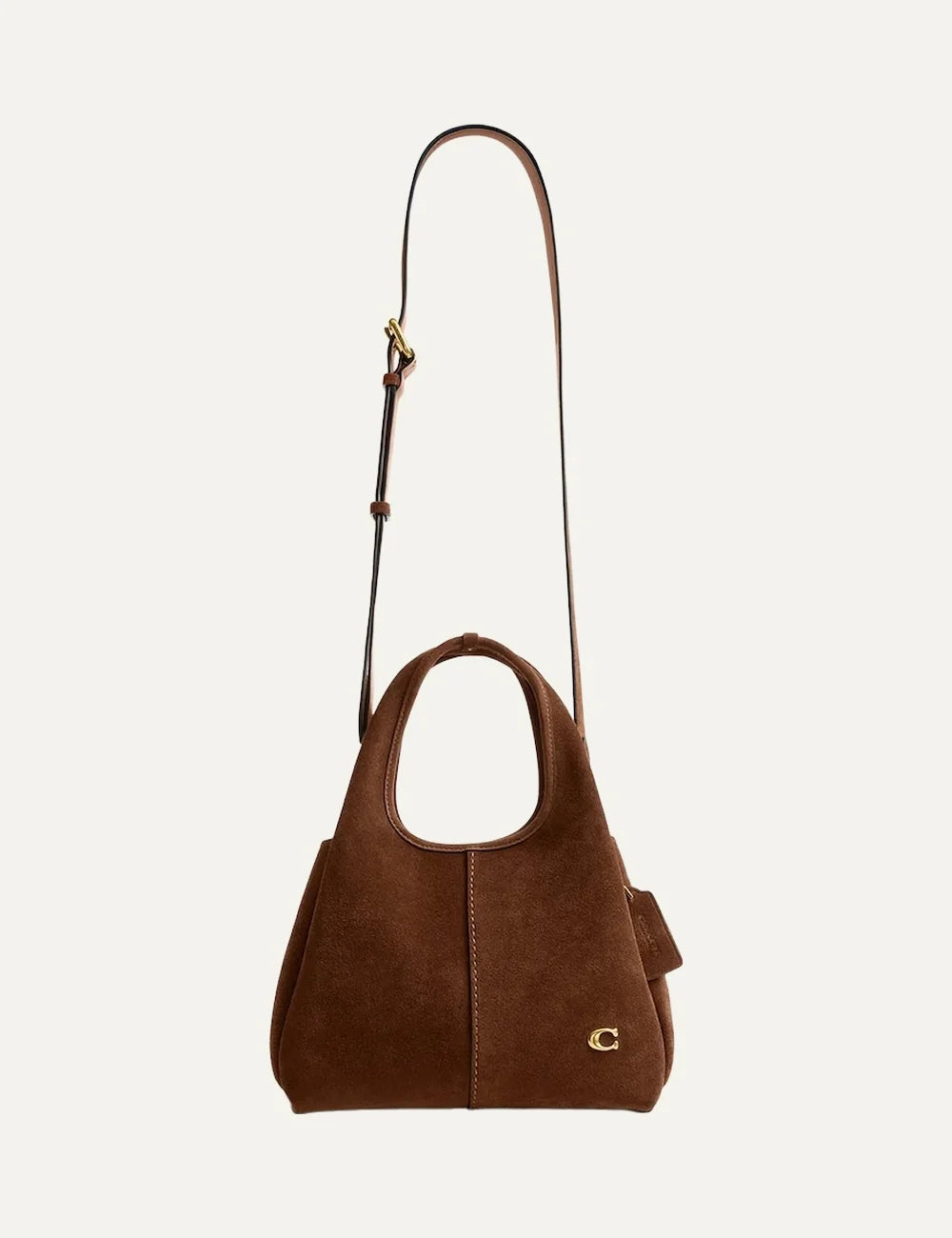 Coach women Lana 23 brown suede crossbody bag with gold Signature C logo full