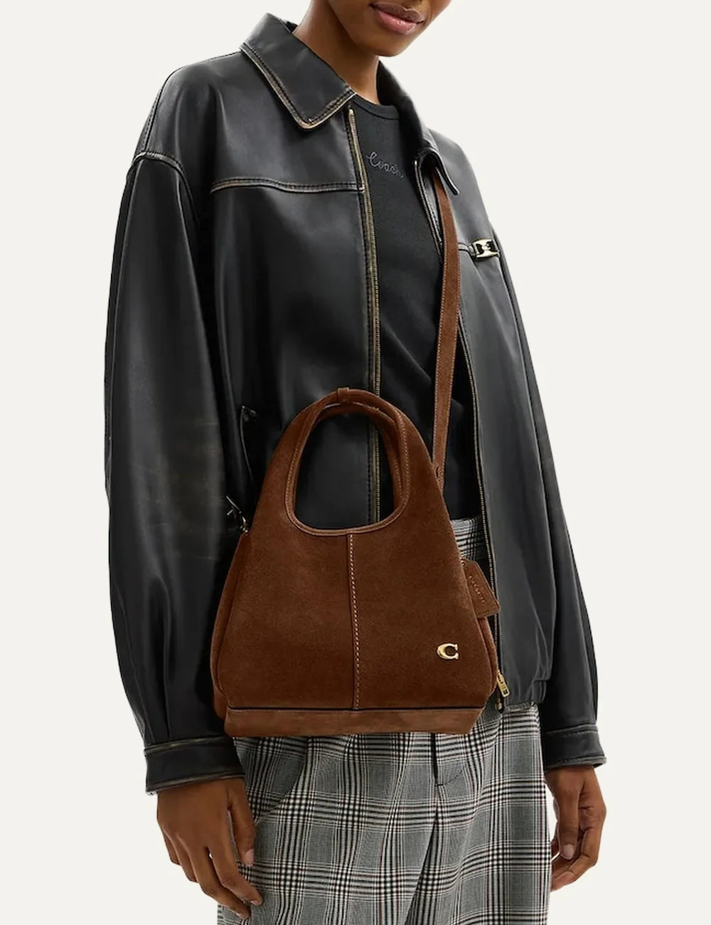 Coach women Lana 23 brown suede crossbody bag with gold Signature C logo model