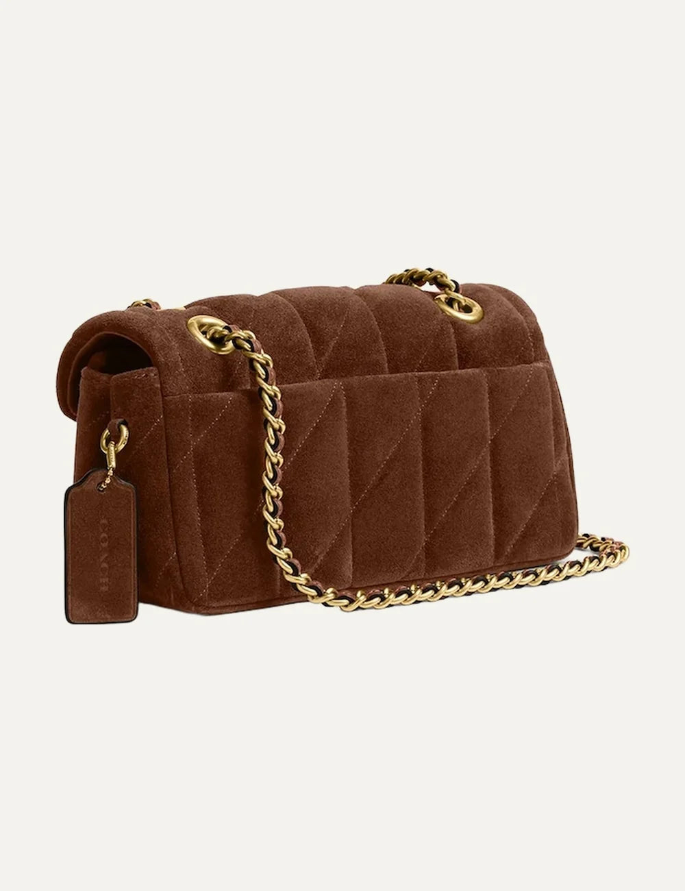Coach women Tabby 20 brown suede quilted shoulder bag with gold Signature C hardware side