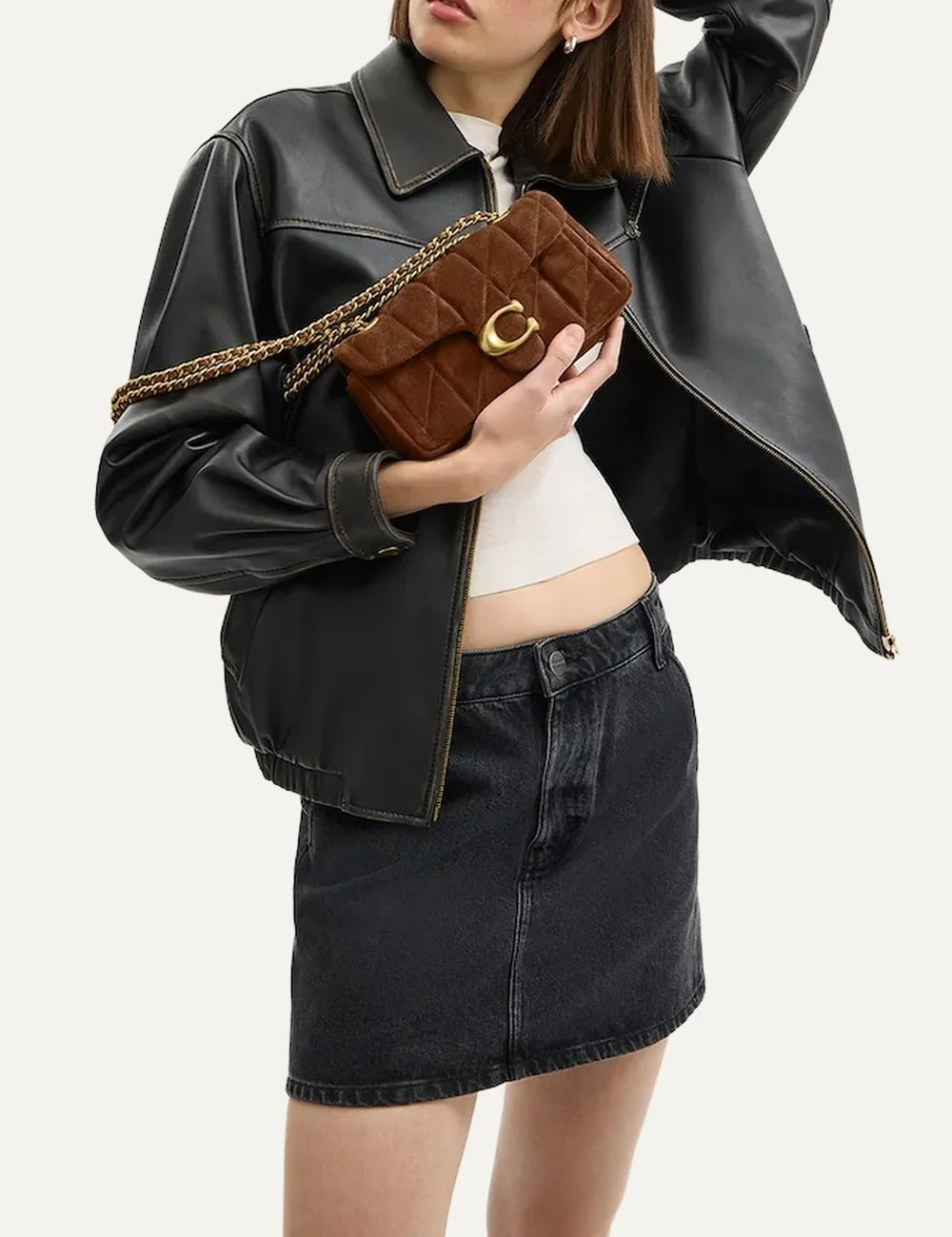 Coach women Tabby 20 brown suede quilted shoulder bag with gold Signature C hardware full body