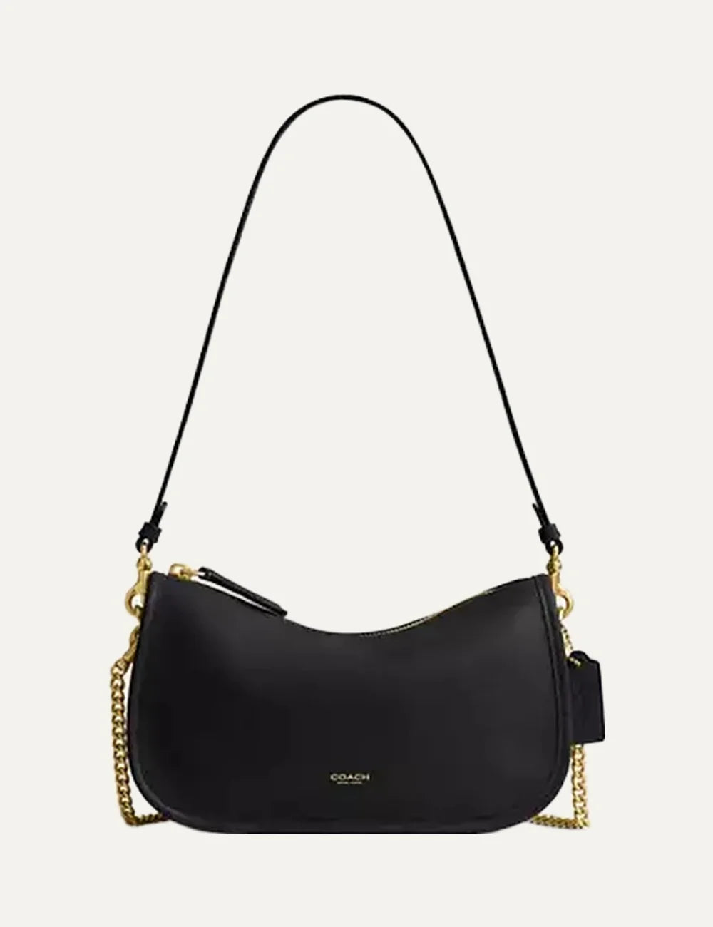 Coach women Waverly black natural grain leather shoulder bag with gold hardware
