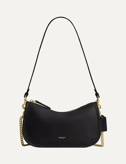 Coach women Waverly black natural grain leather shoulder bag with gold hardware
