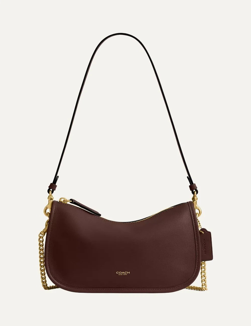 Coach women Waverly dark brown natural grain leather shoulder bag with gold hardware