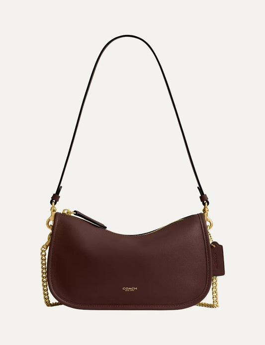 Coach women Waverly dark brown natural grain leather shoulder bag with gold hardware