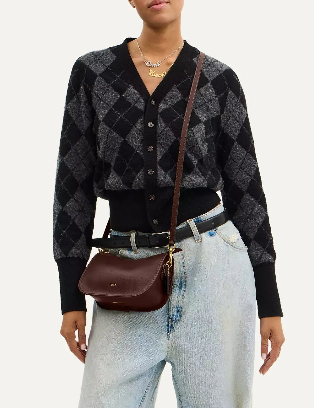 Coach women Waverly dark brown natural grain leather shoulder bag with gold hardware model