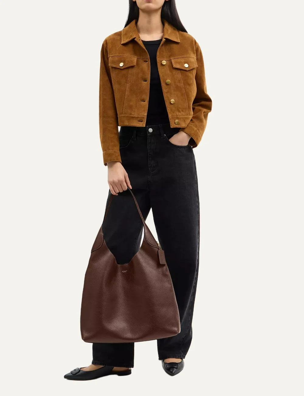 Coach women's Brooklyn 39 brown natural grain leather hobo shoulder bag with gold-tone logo full body