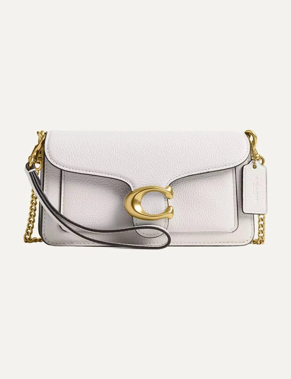 Coach women's Tabby 19 white pebble leather crossbody bag with gold-tone chain and Signature C hardware