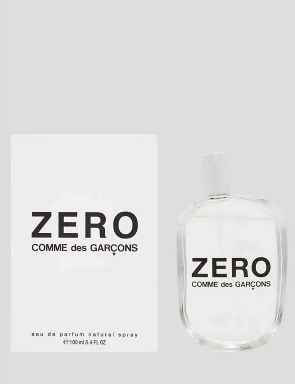 Comme des Garcons Zero eau de parfum clear bottle minimal front full view