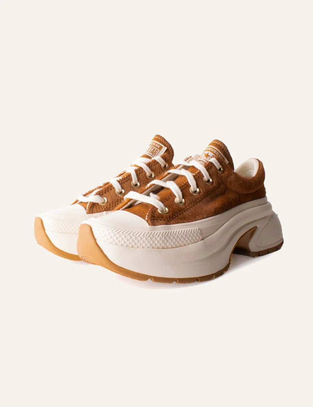 Women's Converse All Star Run Star Crush tan fur platform sneakers angled