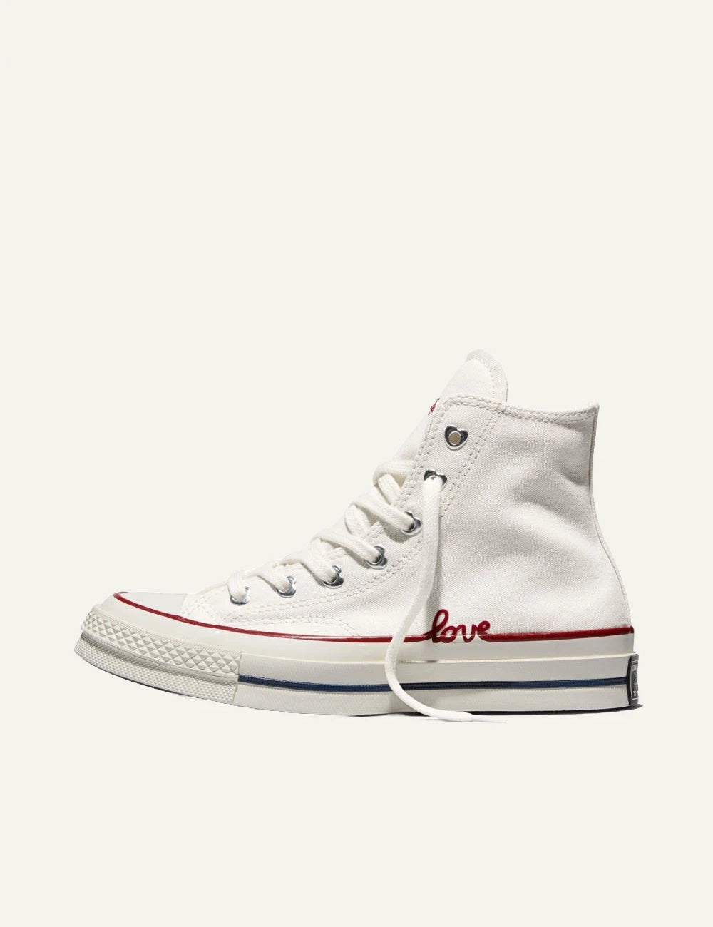 Converse Chuck Taylor All Star hi canvas white sneaker with red love embroidery left profil view