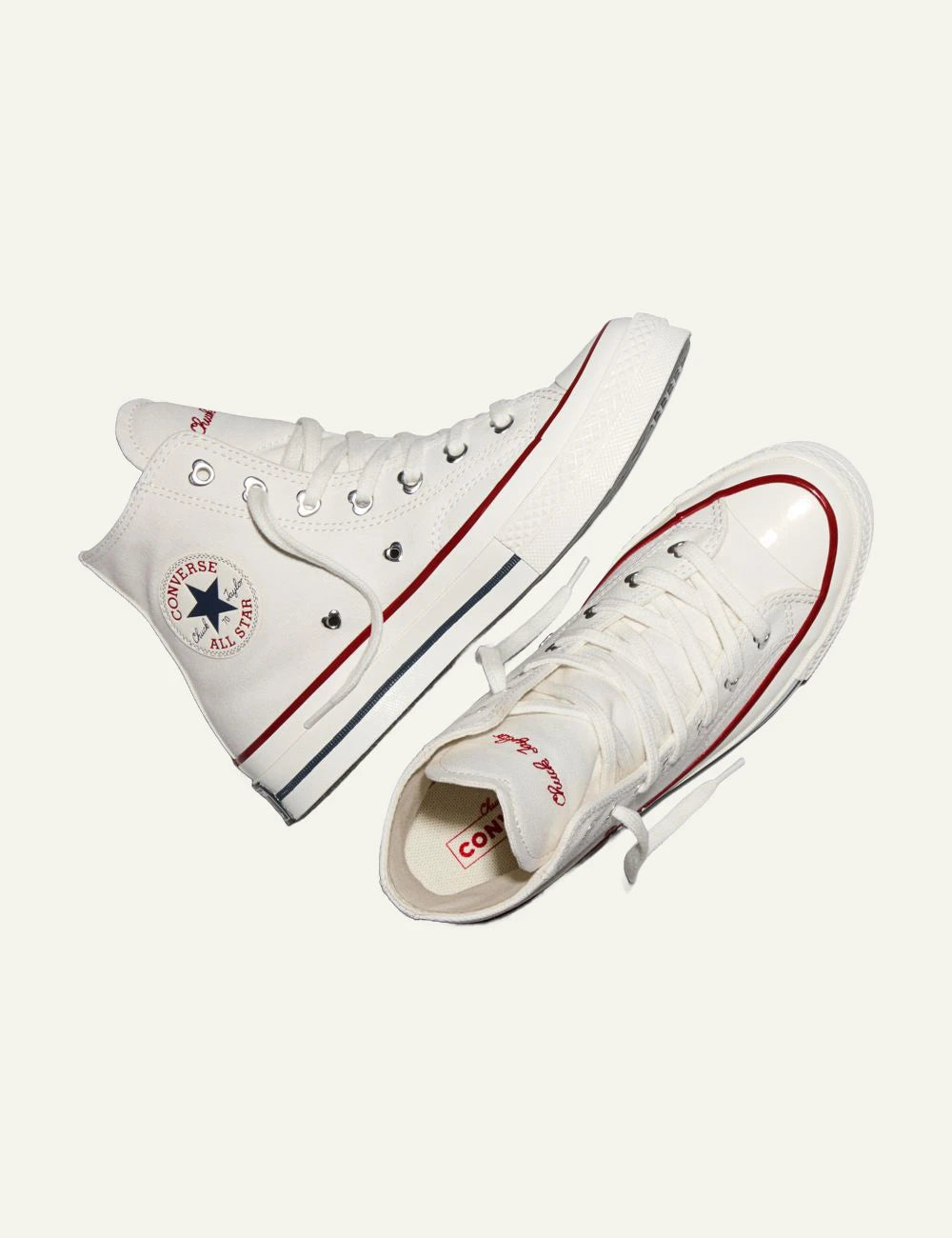 Converse Chuck Taylor All Star hi canvas white sneaker with red love embroidery left top side view