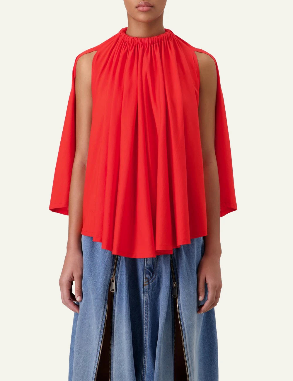 Coperni asymmetric draped top red fluid silhouette front flat view
