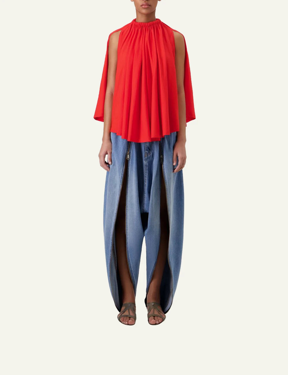 Coperni asymmetric draped top red fluid silhouette front full body view