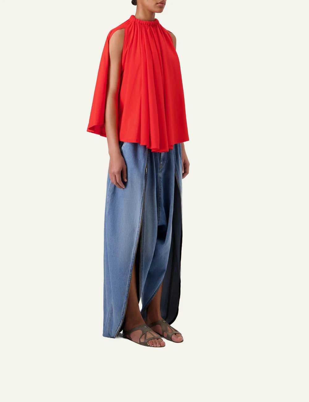 Coperni asymmetric draped top red fluid silhouette side view