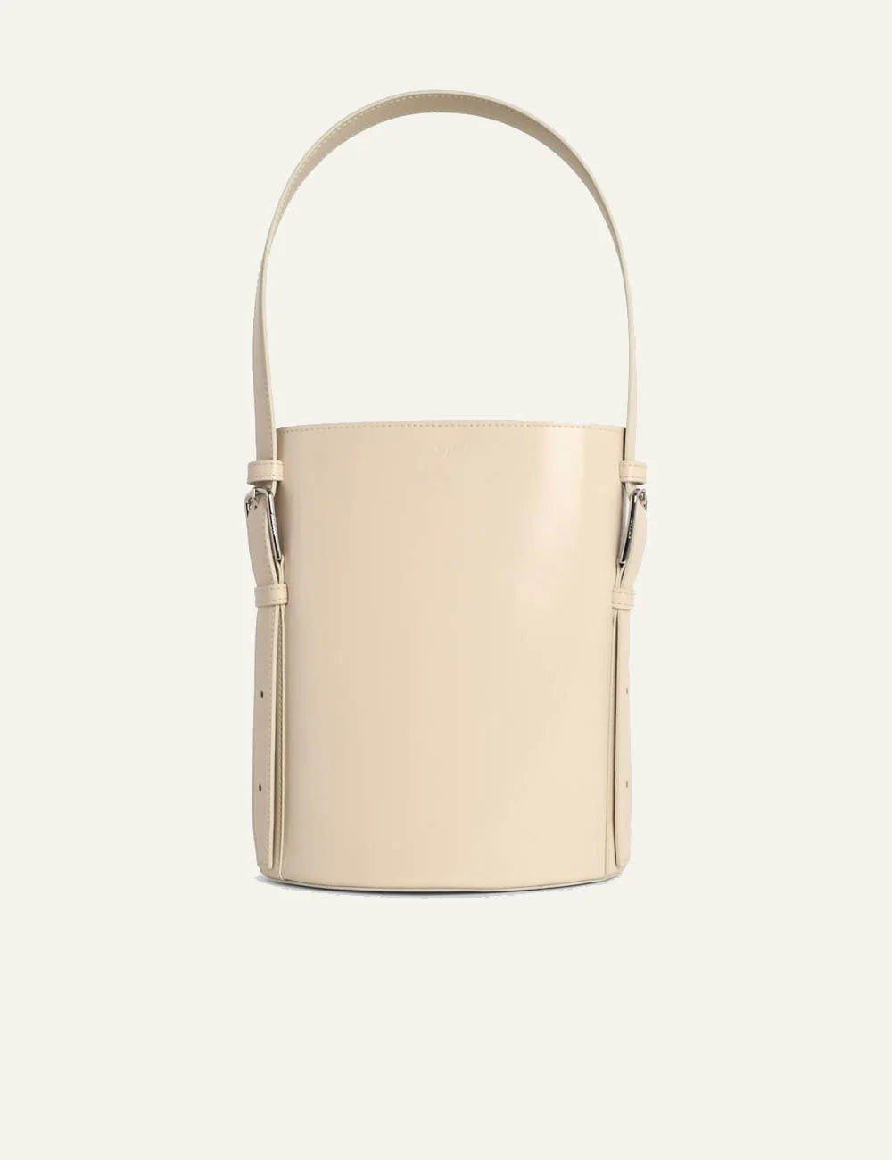 Coperni Beige Smooth Leather Bucket Bag With Adjustable Shoulder Strap Front Flat View