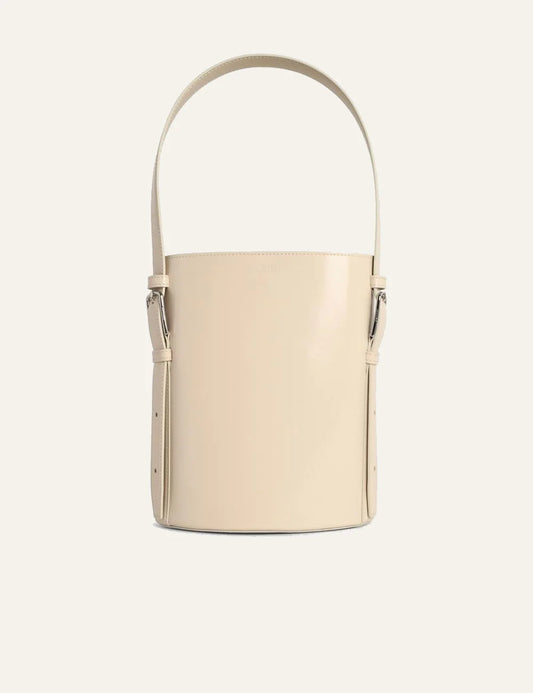 Coperni Beige Smooth Leather Bucket Bag With Adjustable Shoulder Strap Front Flat View