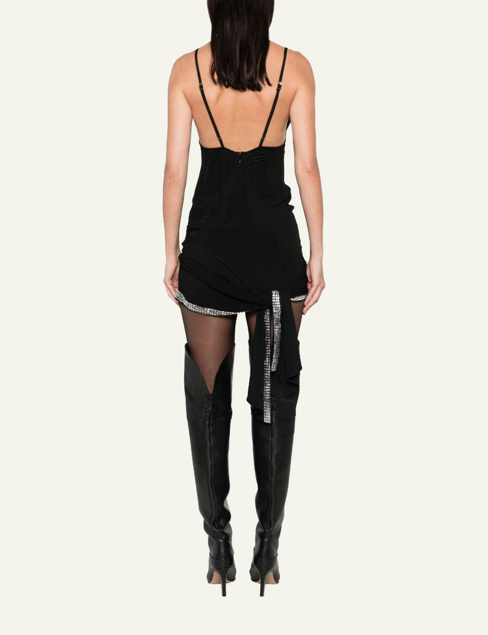 Coperni Black Asymmetric Mini Dress With Rhinestone Trim back View