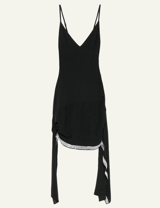 Coperni Black Asymmetric Mini Dress With Rhinestone Trim Front Flat View