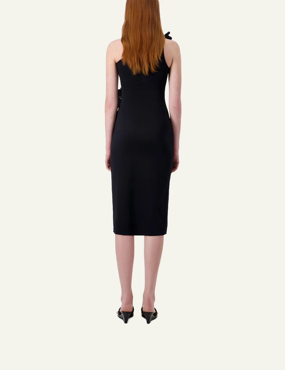 Coperni Black One-Shoulder Midi Dress With Side Floral Tie Detail back View