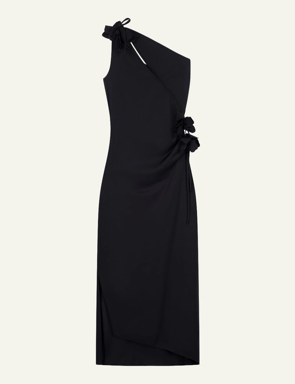 Coperni Black One-Shoulder Midi Dress With Side Floral Tie Detail Front Flat View