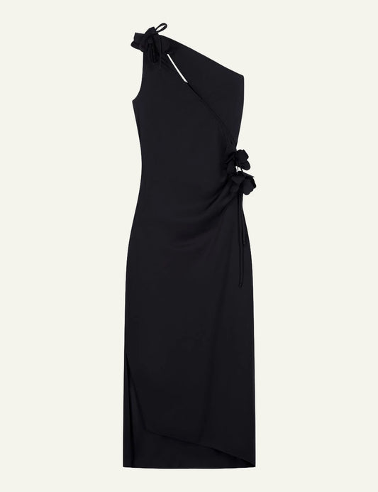 Coperni Black One-Shoulder Midi Dress With Side Floral Tie Detail Front Flat View
