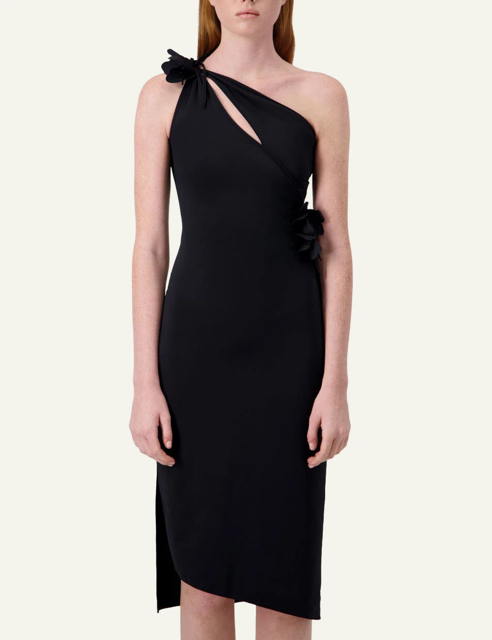 Coperni Black One-Shoulder Midi Dress With Side Floral Tie Detail Front model View