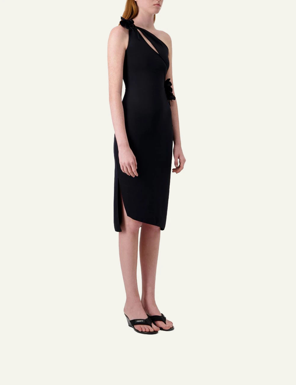 Coperni Black One-Shoulder Midi Dress With Side Floral Tie Detail side View