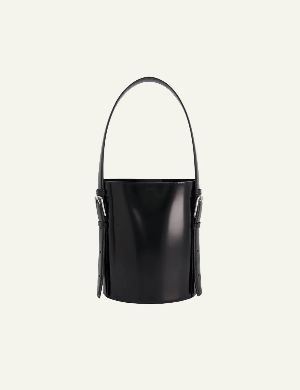 Coperni Black Patent Leather Bucket Bag With Strap Front Flat View