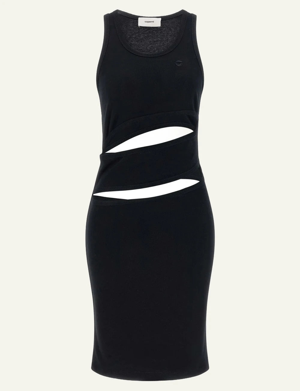 Coperni Black Sleeveless Midi Dress With Asymmetric Cut-Out Detail Front Flat View