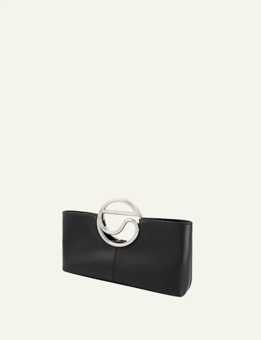 Coperni C clutch black leather with metal C handle side view