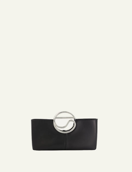 Coperni C clutch black leather with metal C handle front view