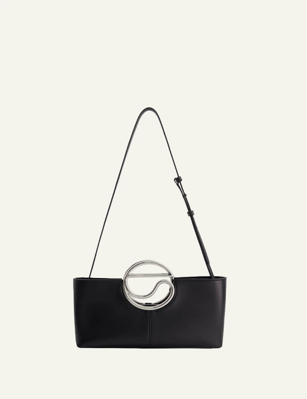 Coperni C clutch black leather with metal C handle front full view